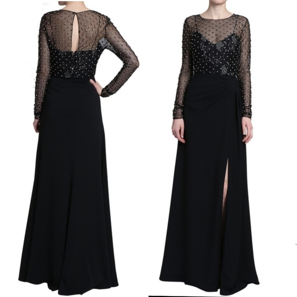 $1,190 NWT BADGLEY MISCHKA Women Black Maxi Long Dress 0 XS Sparkle Ruched Sheer - Picture 2 of 12